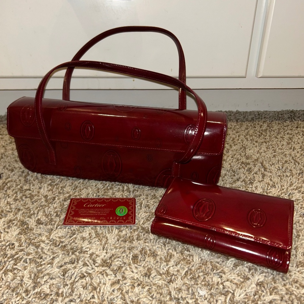 Cartier Bordeaux Patent Leather Handbag & Matching Wallet Set